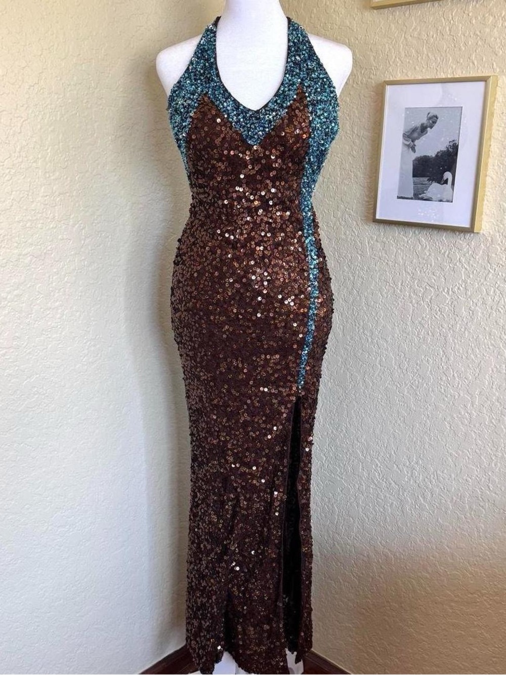 Vintage Y2K Brown + Teal Sequin Halter Formal Dress